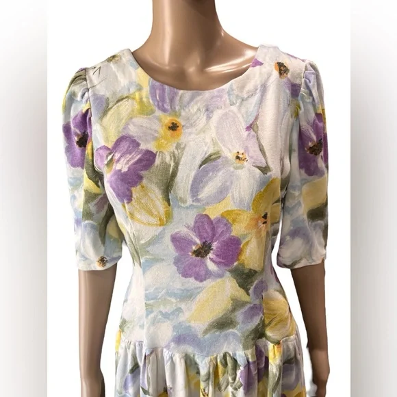 Vintage 1980’s Floral cotton Midi Dress Fit & Flare Handmade Roses Cottagecore - Picture 3 of 10